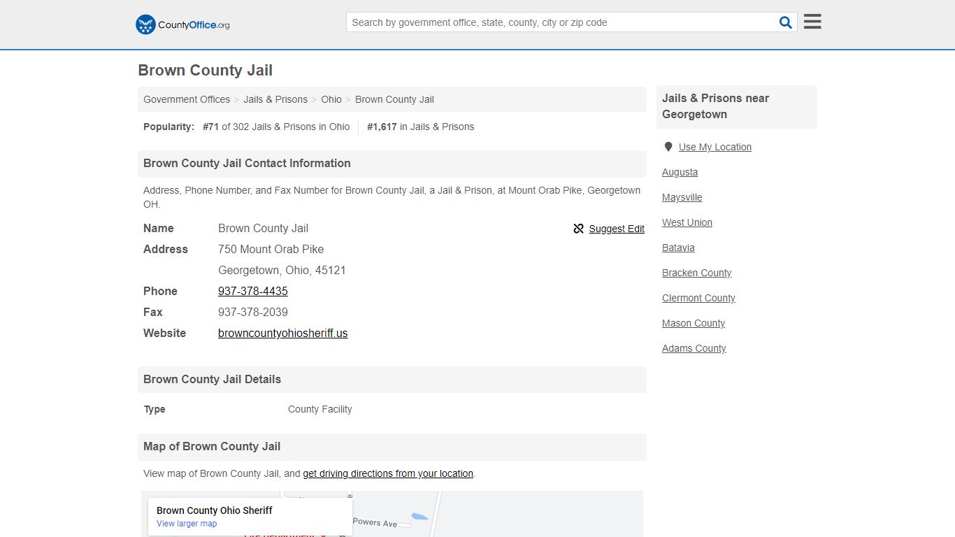 Brown County Jail - Georgetown, OH (Address, Phone, and Fax)